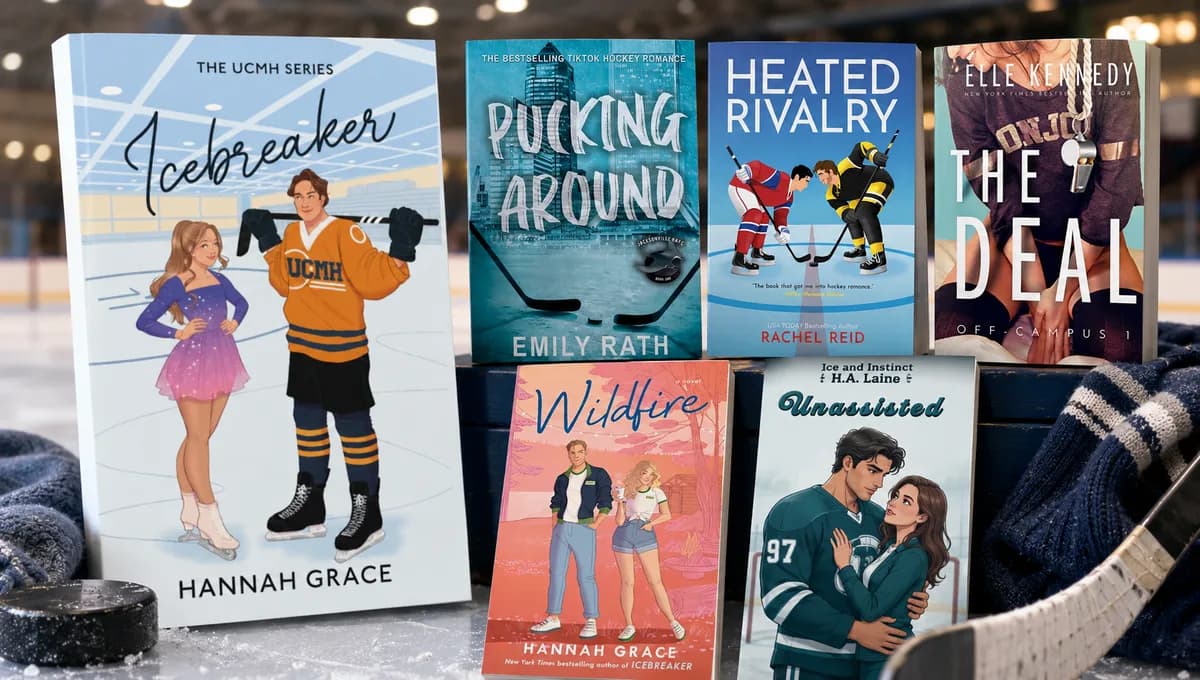 Editorial hockey romance cover collage led by Icebreaker with Pucking Around, Heated Rivalry, The Deal, Wildfire, and Unassisted arranged on rink ice.