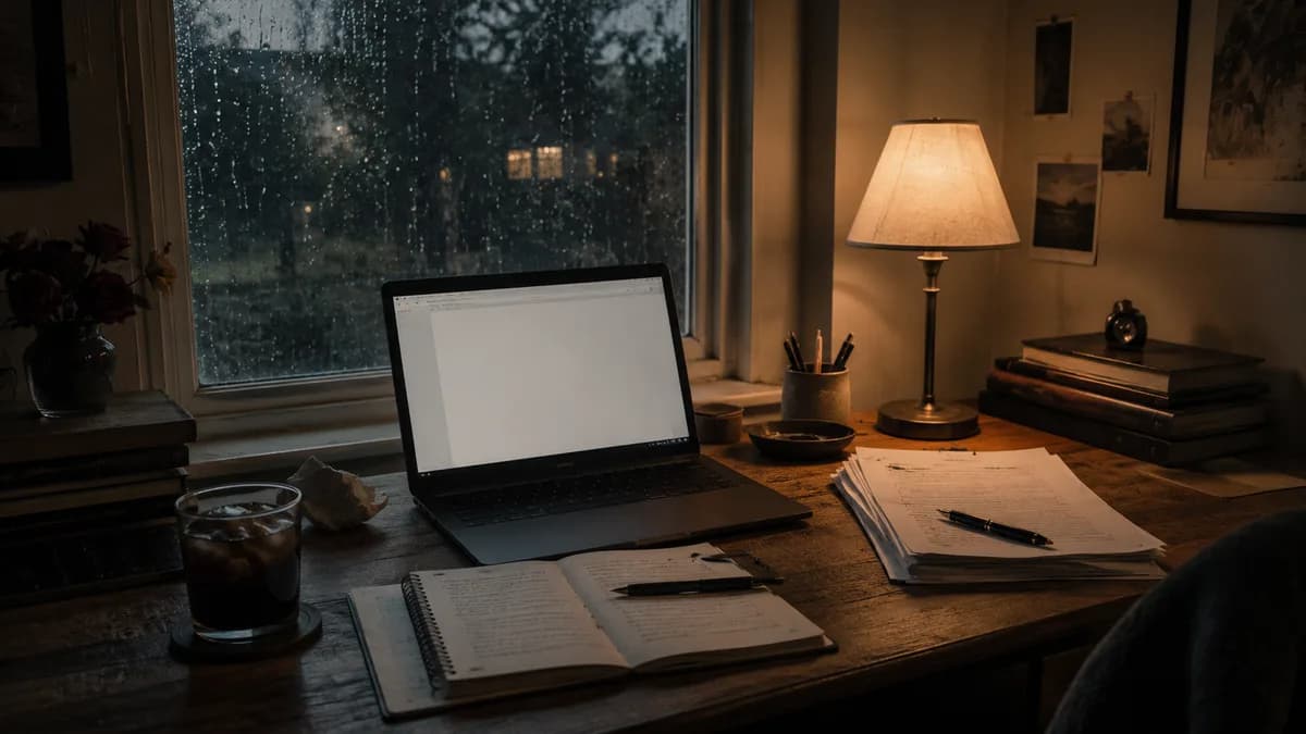 Predawn writing desk with a warm lamp, rain on the window, a blank laptop document, cold coffee, notebook, and manuscript pages.