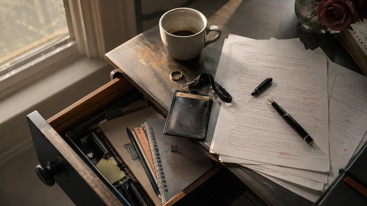 Corporate ID, cold coffee, and manuscript pages on a desk after leaving work for hockey romance.
