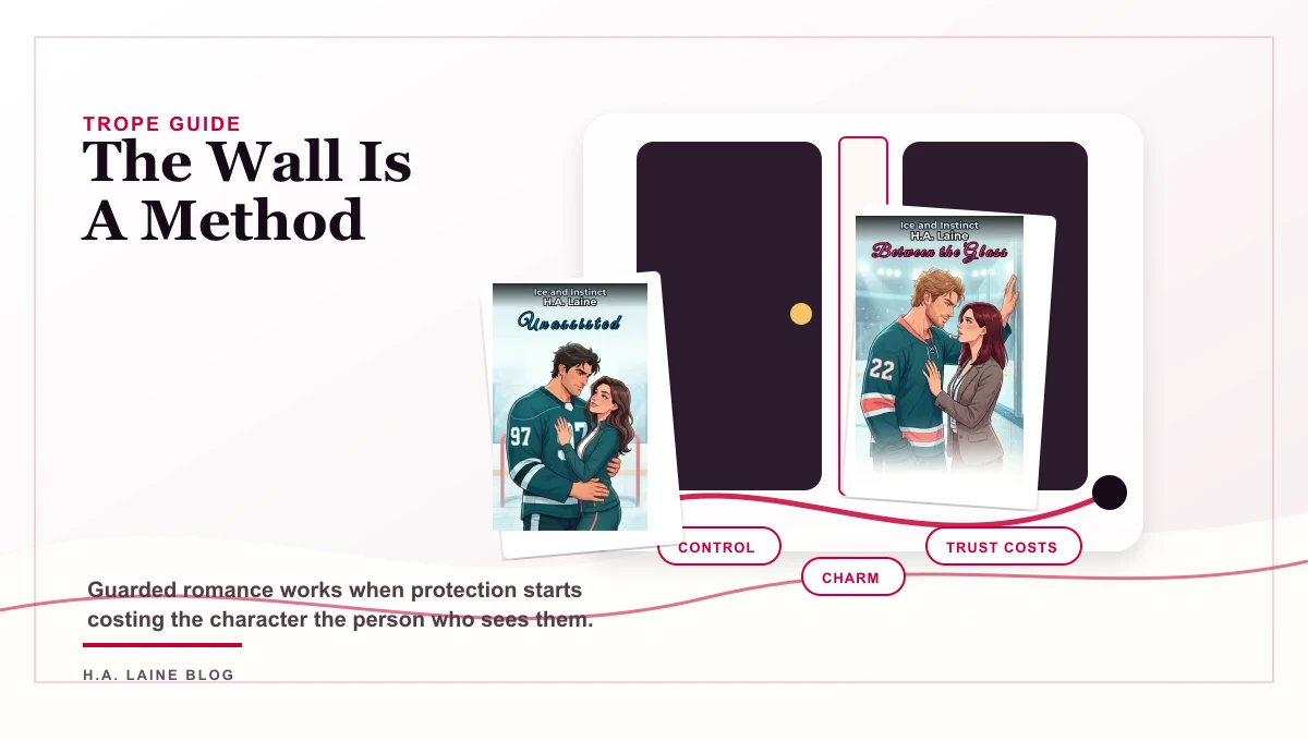 Emotional walls romance hero showing two guarded doors, red thread, Ice and Instinct covers, and trust labels for control, charm, and cost.