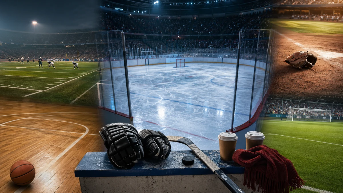 Sports romance comparison scene with a hockey rink at the center, football field, baseball diamond, basketball court, soccer pitch, hockey gloves, puck, coffee cups, and a crimson scarf showing what makes the ice different.