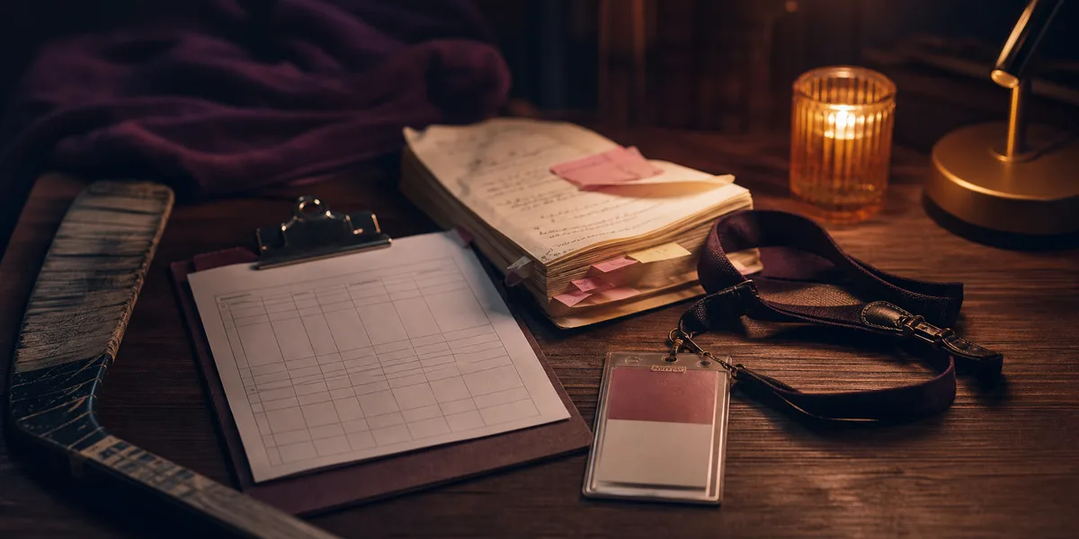 A hockey stick, medical clipboard, press pass, lanyard, and marked paperback on a warm desk, showing the evidence that makes romance characters feel real.